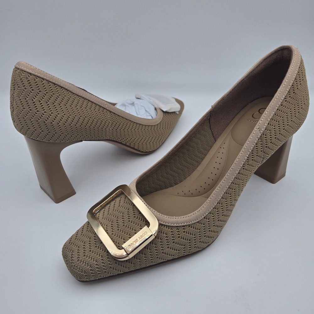 Cosy Island Signature Buckle Square Toe Heeled Pumps Womens 6 Taupe Knit NWOB